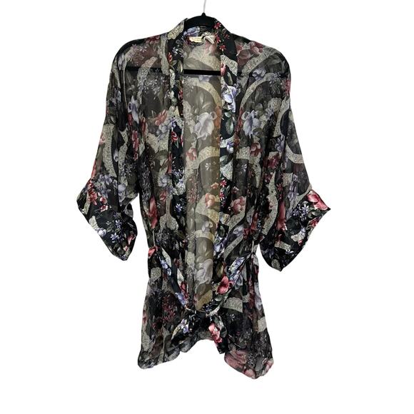 Victoria's Secret Gold Label Robe OSFM Black Floral Sheer Kimono Belted Lingerie - Picture 1 of 9